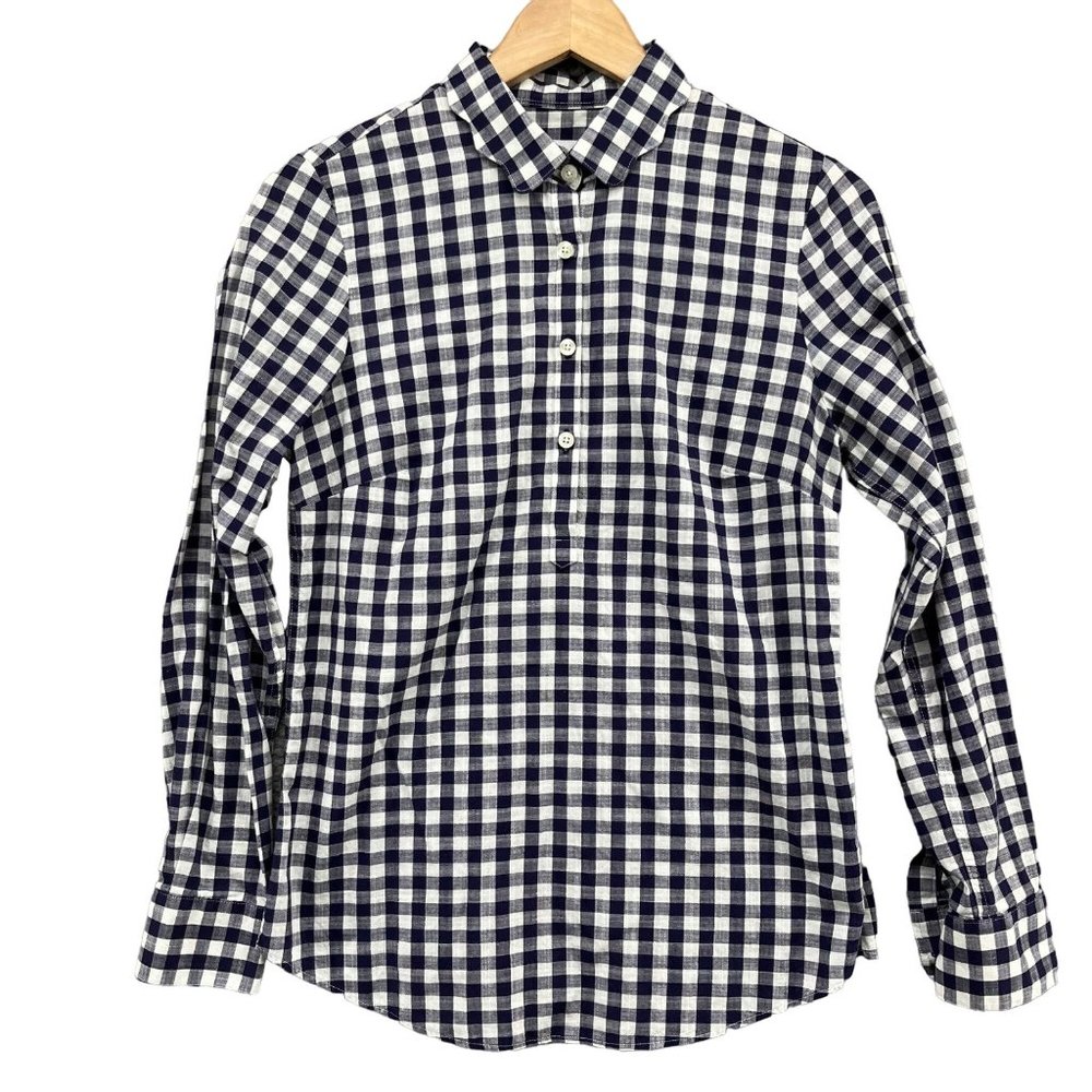 Southern Proper Popover Top Womens Blue White Buffalo Plaid Long Sleeve Size S